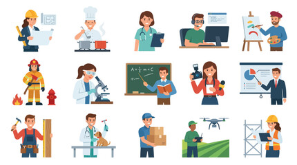 Fototapeta premium Diverse Professions and Occupations Flat Design Vector Characters Set. People Working in Various Industries.