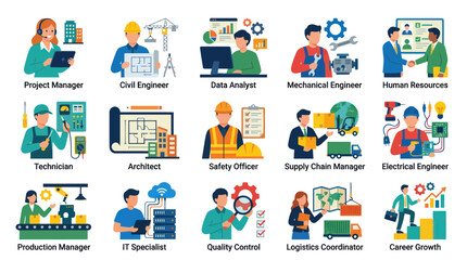 Naklejka premium Flat Vector Icons of Diverse Professions in Business and Technology