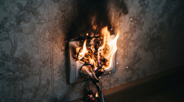 Electrical Fire in Wall Socket with Flames and Smoke, Short Circuit Hazard in Home