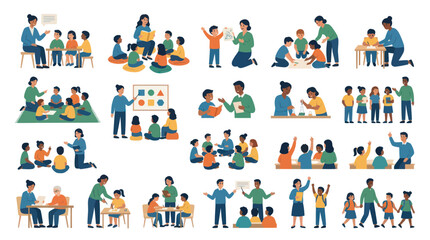 Fototapeta premium Flat Illustration: Diverse Children Learning with Teachers in Classroom and Outdoor Settings