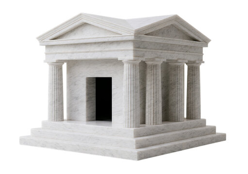 Neoclassical style white temple structure with columns and triangular pediment, isolated on a transparent background