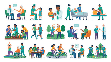Fototapeta premium Flat Illustration: Diverse Healthcare Wellness Scenes, Medical, Exercise, Family Care