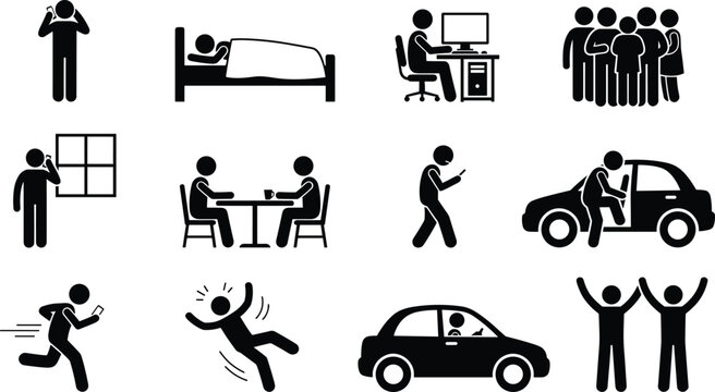 Daily routine life stick figures icon set showing sleeping working talking walking driving car falling running and gathering vector