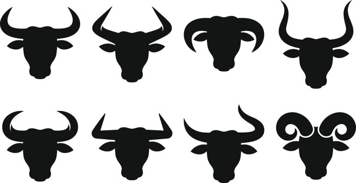 Collection of bull and ram head silhouettes with various horn shapes isolated on white background