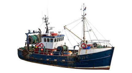 Naklejka premium Old fishing trawler isolated on transparent background, traditional commercial boat featuring fishing equipment, maritime transport, harbor vessel and nautical industry asset