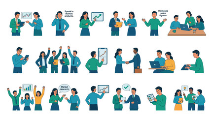 Fototapeta premium Modern Flat Business People Teamwork Strategy Vector Set: Marketing, Analysis, Success, Collaboration