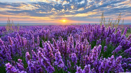 Fototapeta premium Purple lavender field under dramatic sunset clouds.