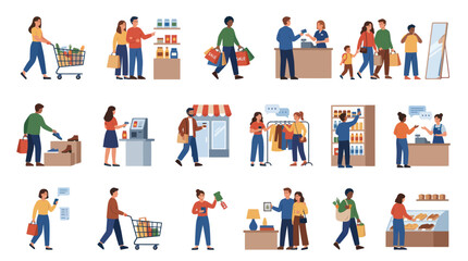 Fototapeta premium Flat Design Vector Illustration of Diverse People Shopping in Retail Stores