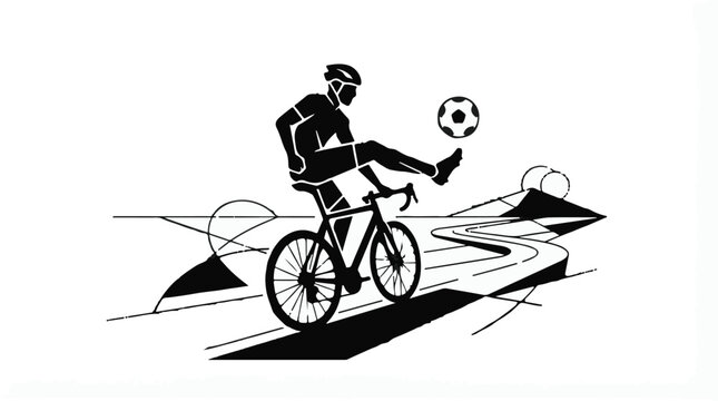 Cyclist playing soccer while riding a bicycle, black and white vector illustration of extreme sports and multitasking