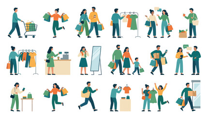 Fototapeta premium Flat Design Vector Illustration Set: Diverse People Shopping, Buying, and Engaging in Retail Activities