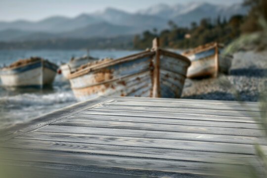 Old wooden boat resting on sandy beach under bright sunshine, surrounded by peaceful coastal landscape. The weathered boat and a story of seaside life, fishing traditions, and summer adventures.