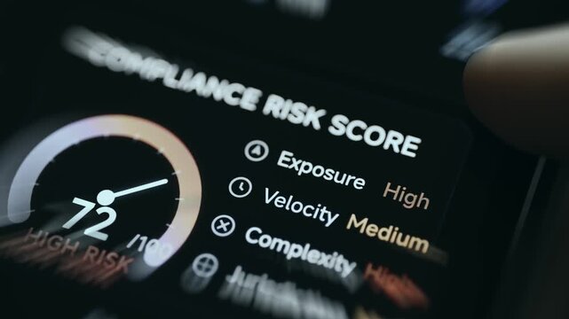 Compliance Risk Assessment Dashboard Displaying High Risk Score of 72