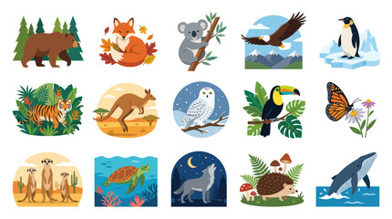 Obraz premium Flat Vector Illustration Set of Diverse Wildlife Animals. Nature, Habitats Species Collection Graphic.