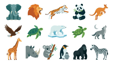 Obraz premium Cute Flat Vector Wild Animals Set for Kids Education and Wildlife Conservation