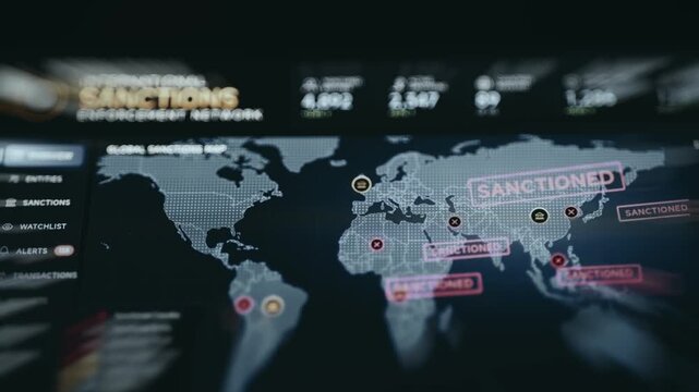 Global Sanctions Enforcement Network Dashboard with World Map Highlighting Red-Flagged Regions