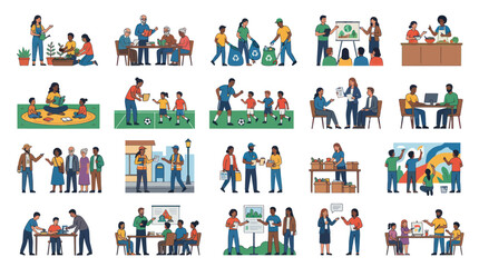 Fototapeta premium Community engagement, volunteering, education, and teamwork flat vector illustration set. Diverse people helping and learning.