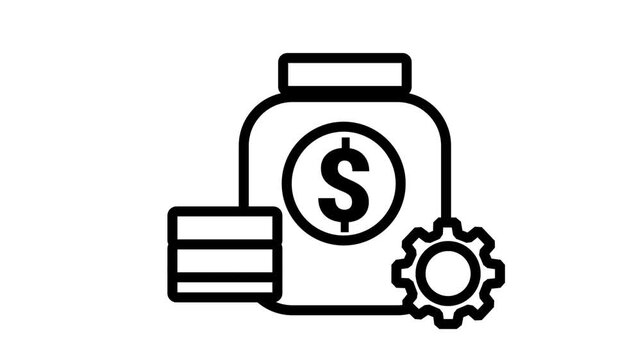 Financial Savings Optimization Icon. Animated icon presenting a money jar with a dollar sign, coins, and an operating gear mechanism.