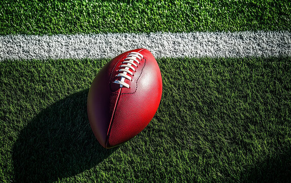 Red Australian Rules football rests on pristine green grass field white line. Sport game object ready for match play. Active recreation outdoors on stadium