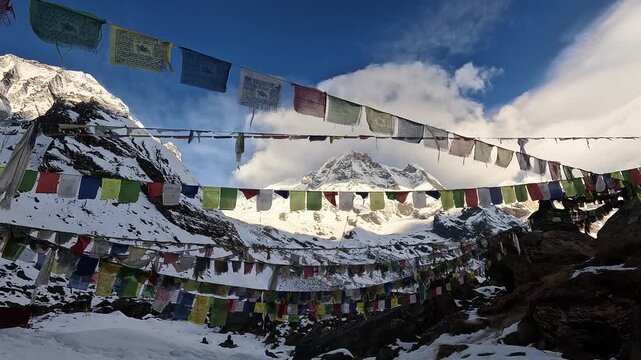 Dolly in toward Machapuchare from the snowfield at Annapurna Base Camp, Nepal