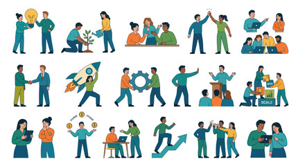 Fototapeta premium Flat Vector Illustration of Business People Collaborating, Growing Ideas, and Achieving Success
