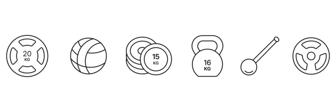 Gym equipment line icons set featuring barbell weight plates, medicine ball, kettlebell for fitness and strength training vector illustration.