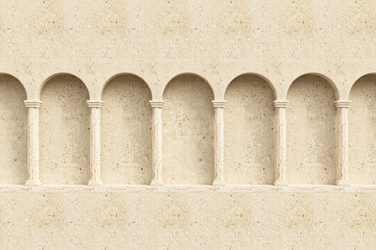 A repeating architectural wall pattern featuring a series of beige stone arches supported by carved pillars against a light cream speckled wall