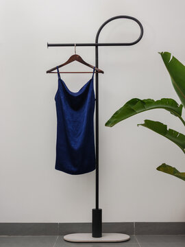 Elegant  satin slip dress hanging on minimalist clothing rack with tropical plant