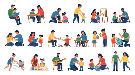 Fototapeta premium Flat Vector Illustrations of Parenting, Education Childcare. Parents Teaching, Playing, and Caring for Children.