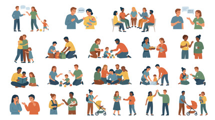 Fototapeta premium Parenting and Family Support Flat Vector Illustration of Diverse People Interactions with Children and Caregivers