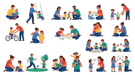 Fototapeta premium Flat Style Illustration of Parents and Children Enjoying Various Activities Together