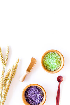 natural cosmetics with wheat and herbs for homemade spa on stone background top view mock up