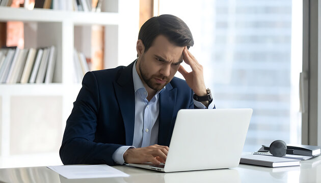 Frustrated Businessman Wearing Suit Working on Laptop in Modern Office Environment