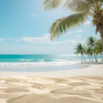 Sandy beach with palm tree and copy space &ndash; tropical summer product background