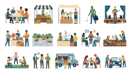 Fototapeta premium Community Activities Social Gatherings: Flat Vector Illustration of People Volunteering, Local Events, Lifestyle