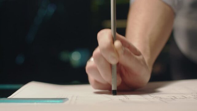 Close-up hand holding pencil over pale plan on desk, with soft warm light, dark blurred background, shallow depth of field, and focused workspace mood for drafting, planning, review, careful markup