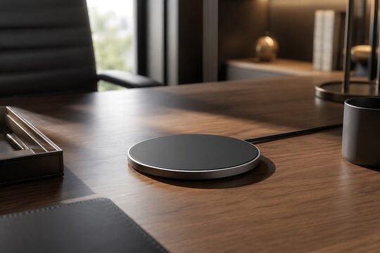 A sleek, modern wireless charging pad sits on a polished wooden desk in a sophisticated office setting.