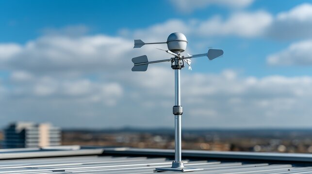 Metal anemometer on a rooftop against a clear blue sky, isolated subject.