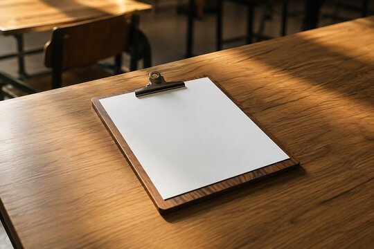 A blank clipboard rests on a polished wooden desk in a classroom setting, bathed in warm sunlight.