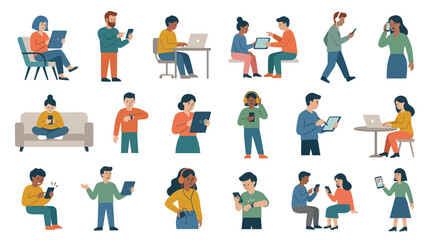 Fototapeta premium Flat Vector Illustration: Diverse People Using Digital Devices Smartphones, Tablets Laptops for Technology