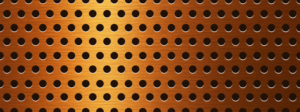 Steel perforated gold metal plate with realistic texture and mesh hole pattern background. Seamless iron sheet featuring circle dot grate grid wall with micro detail.