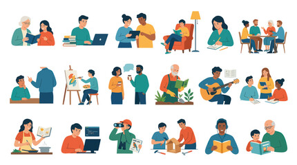 Fototapeta premium Flat Style Vector Icons: Diverse People Engaging in Learning, Hobbies, and Daily Activities