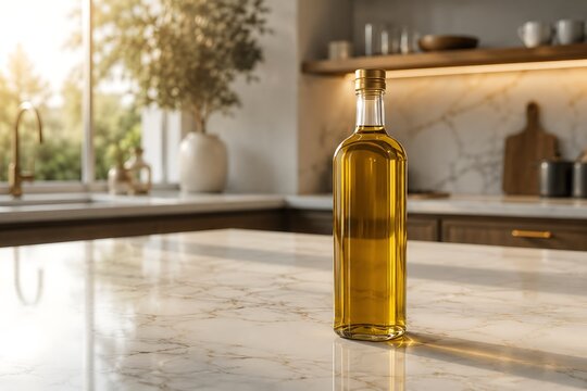 A clear glass bottle filled with golden olive oil sits on a marble countertop in a sunlit kitchen.