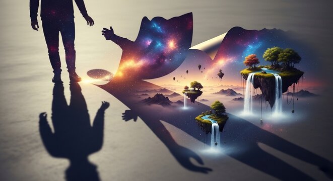 Man reaching imaginary world concept