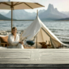 Beach tent on sandy shore with copy space – tropical summer relaxation concept © magdal3na