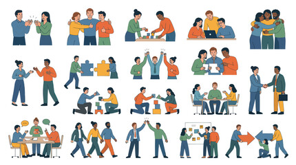 Fototapeta premium Business Teamwork and Collaboration Flat Vector Illustrations Set for Problem Solving and Partnership Concepts