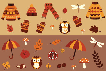 Fototapeta premium Cute autumn elements collection split into warm yellow and cozy brown panels with sweaters, owls, and mushrooms.