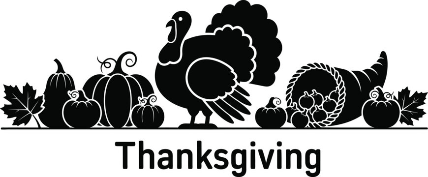 Thanksgiving holiday celebration design element with turkey, pumpkins, and cornucopia horn of plenty, vector illustration