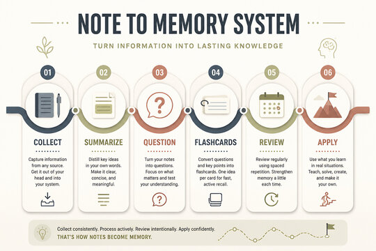 An infographic illustrates a six-step process for turning information into lasting knowledge using a memory system.