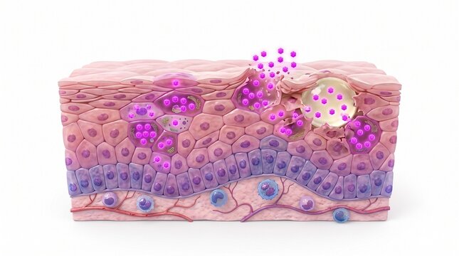 3D Microscopic Diagram of Enterovirus Forming Vesicles in Oral Mucosa