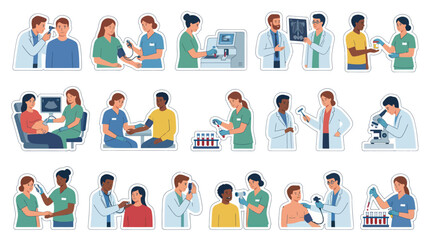 Fototapeta premium Flat illustration of medical professionals in action, diverse healthcare workers